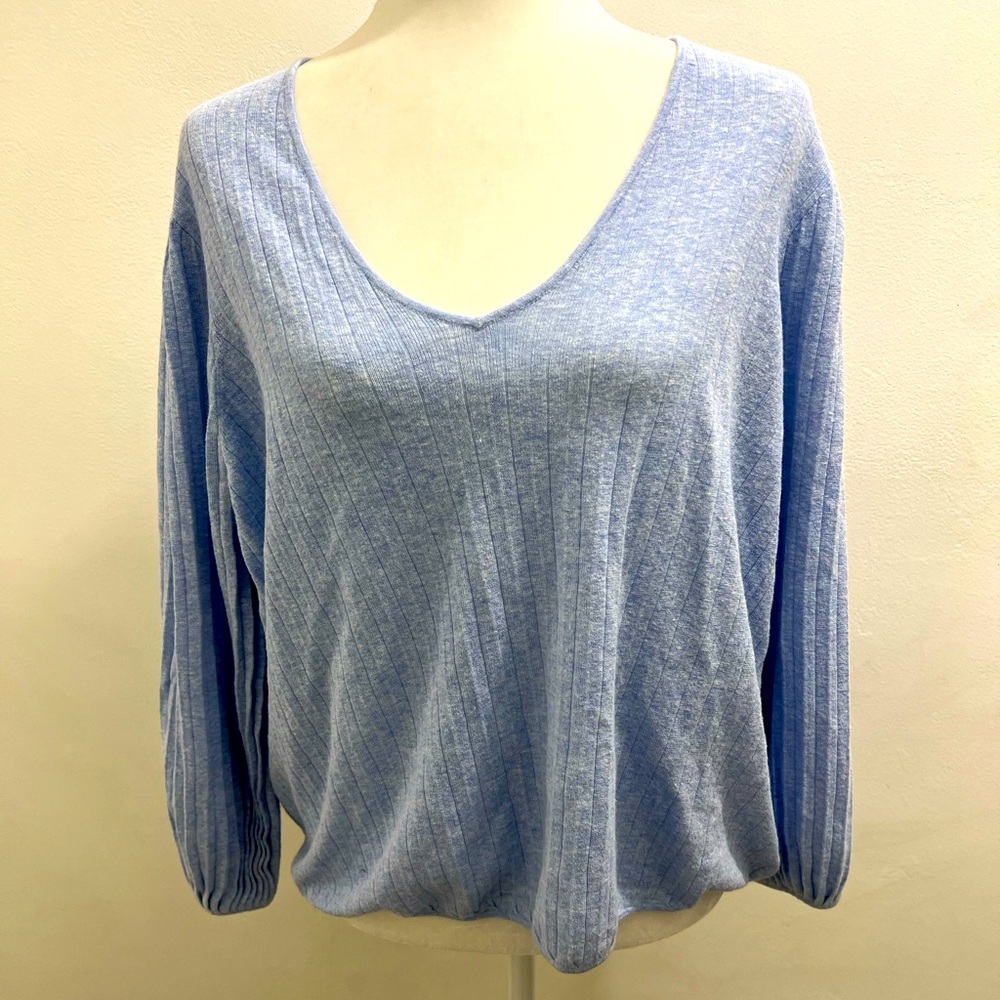 WHITE + WARREN Cotton and Linen V-Neck Elastic Waist and Sleeves Blue Size M EUC